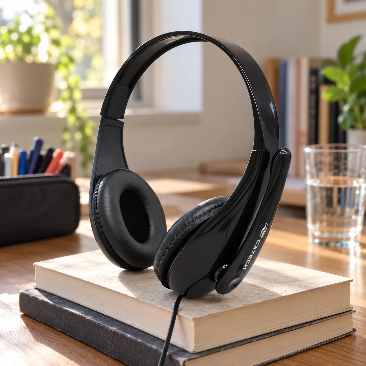 Headset C3Tech PH-340BK preto de pé sobre dois livros numa escrivaninha de estudo, com estojo de canetas e um copo de água ao fundo