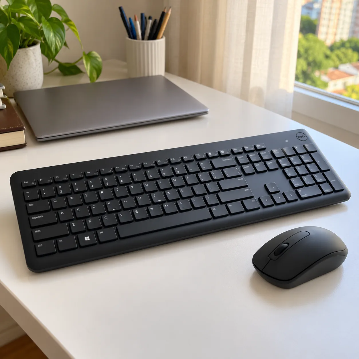 Teclado sem fio Dell KM3322W preto com bloco numérico e o mouse preto ao lado, sobre uma mesa branca com um notebook fechado ao fundo