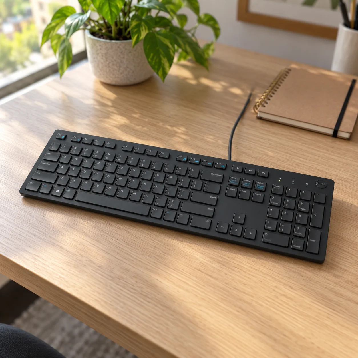 Teclado com fio Dell KB216 preto com bloco numérico sobre uma mesa de madeira clara, com um vaso de planta e um caderno ao fundo