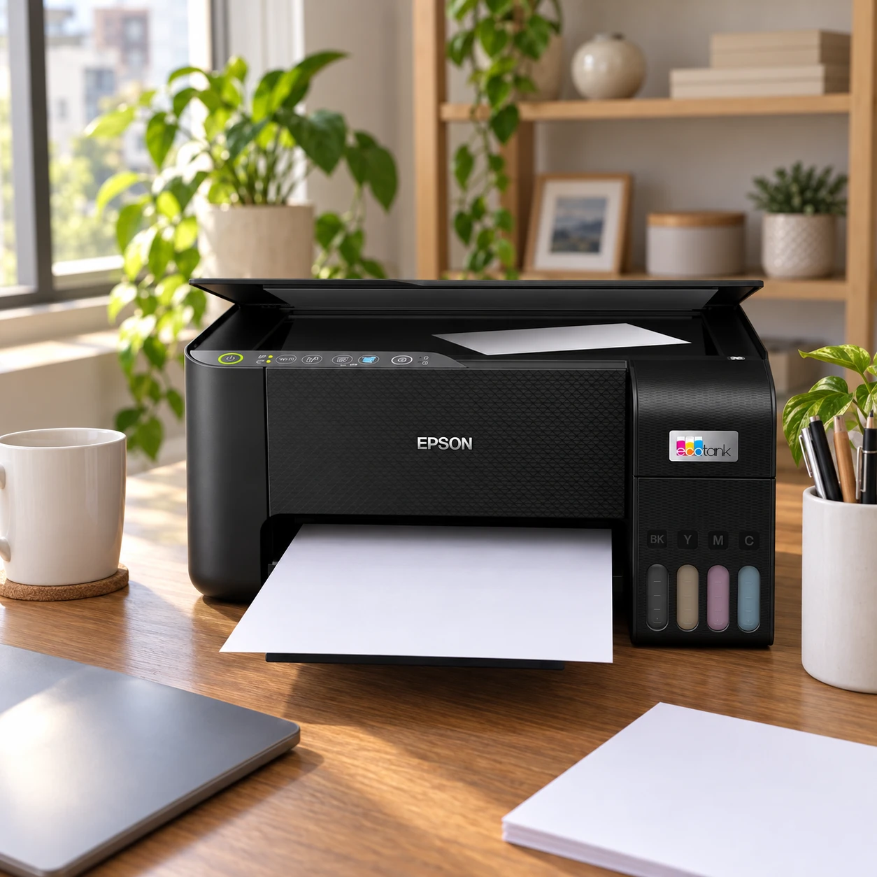 Impressora Epson EcoTank L3250 preta com os quatro frascos de tinta à frente