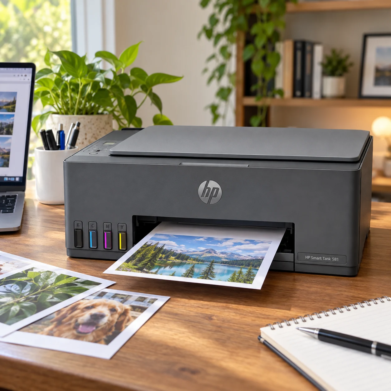 Impressora HP Smart Tank 581 cinza-escura com os frascos de tinta à frente