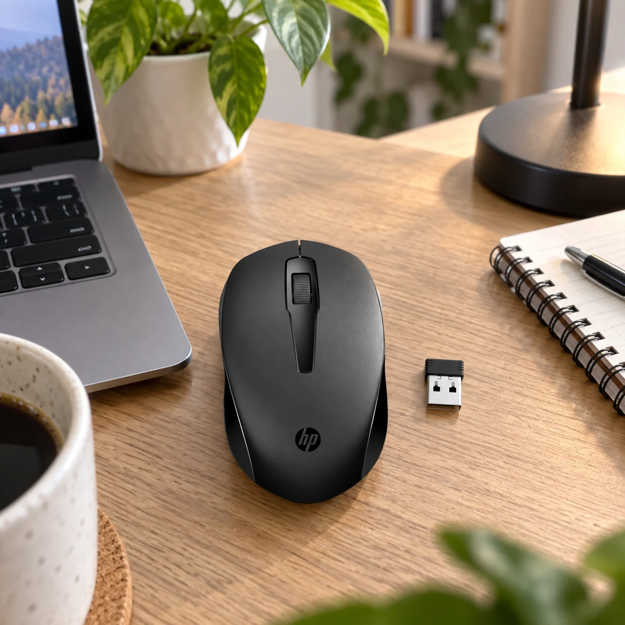 Mouse sem fio HP 150 preto visto de cima, com o receptor USB ao lado