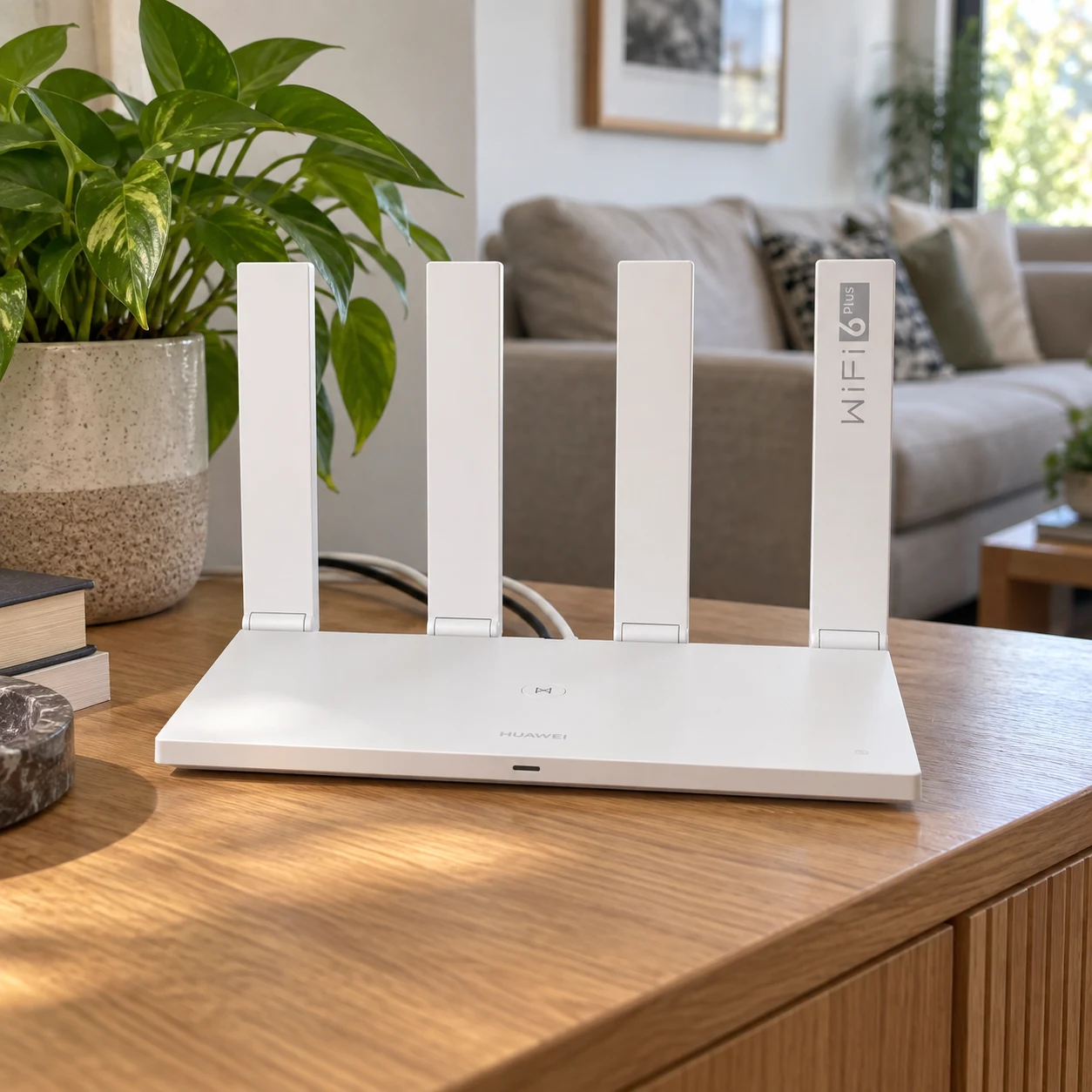 Roteador Huawei AX2S branco com quatro antenas levantadas