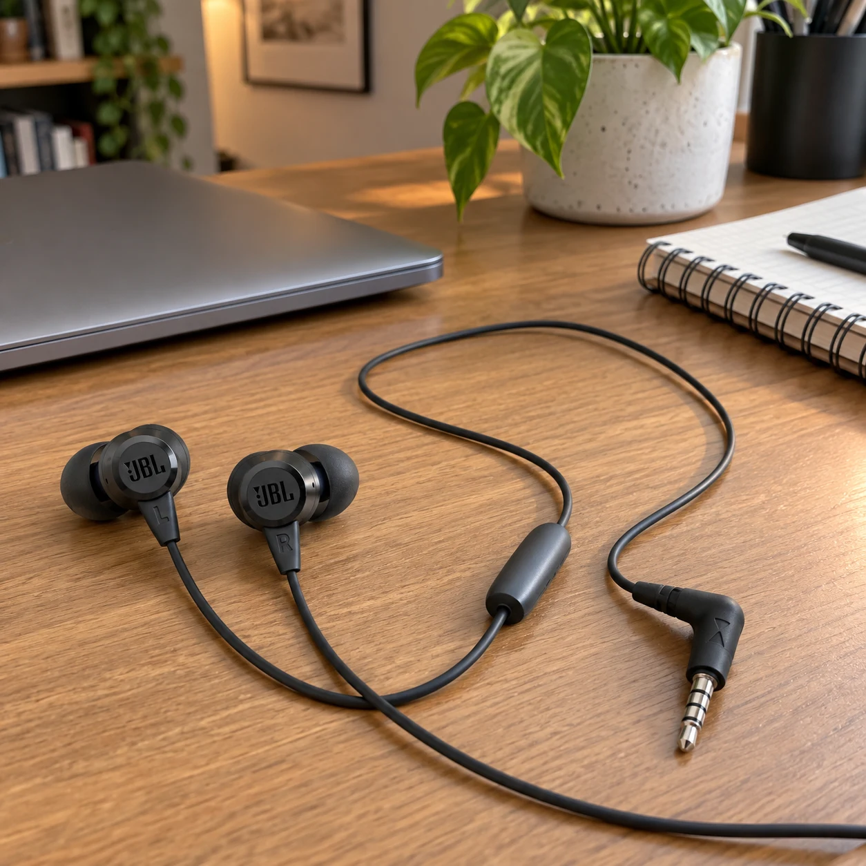 Fone de ouvido com fio JBL C50HI preto, com ponteiras de silicone e controle no cabo