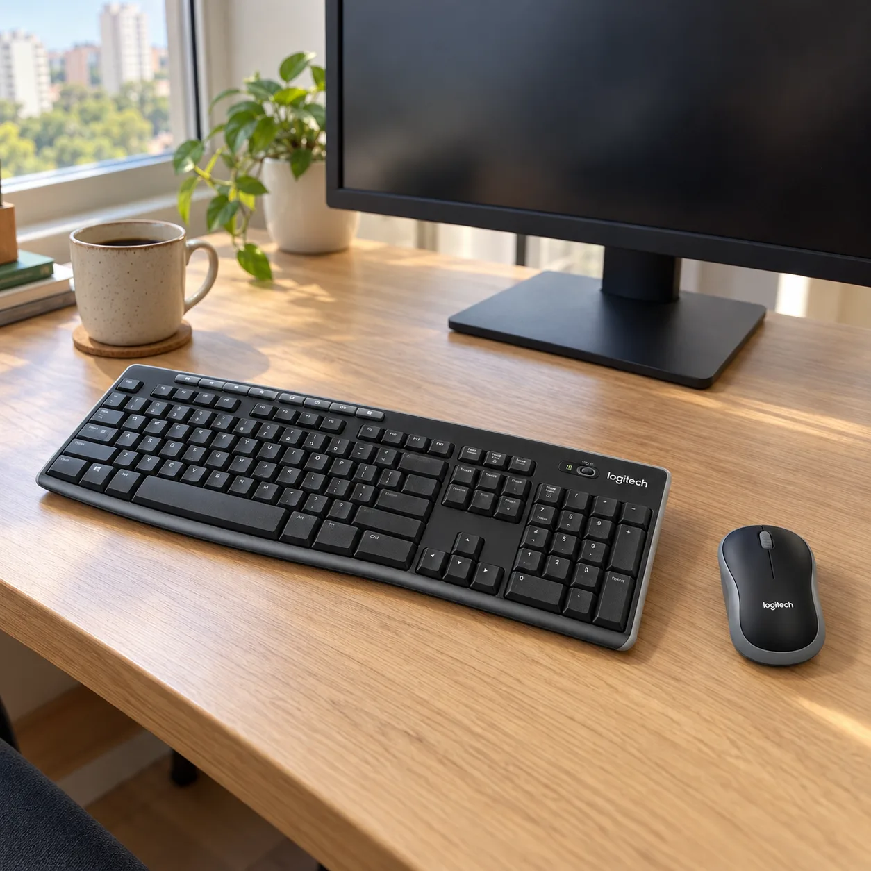 Teclado sem fio Logitech MK270 preto com bloco numérico e o mouse preto e cinza ao lado, sobre uma mesa de madeira em frente a um monitor