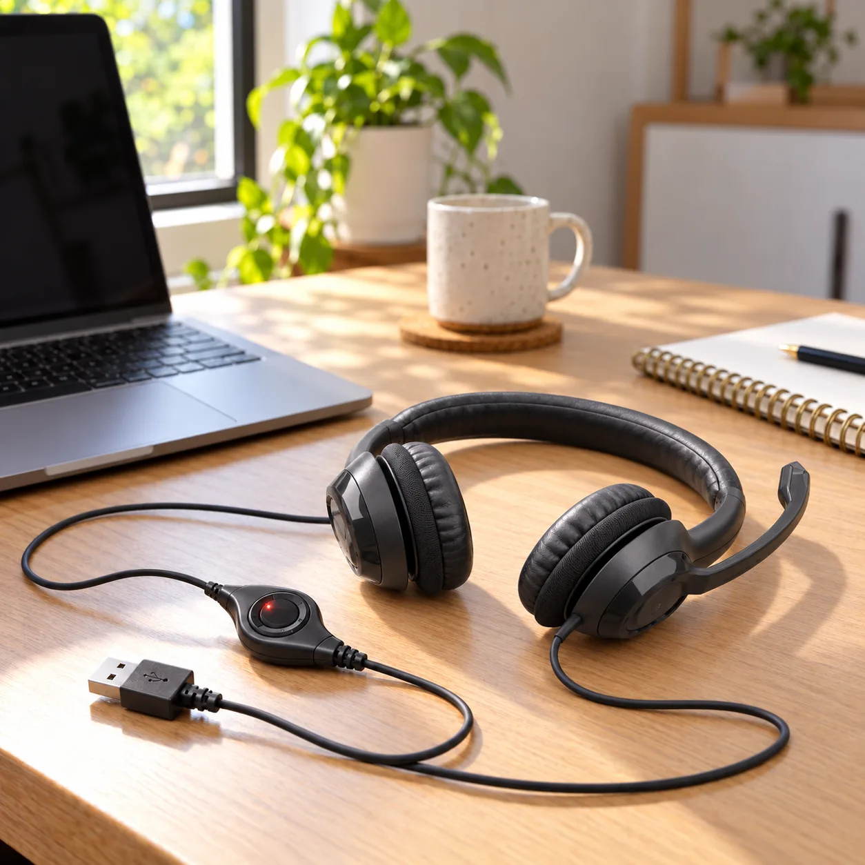 Headset Logitech H390 preto deitado numa mesa de madeira clara ao lado de um notebook, com o controle do cabo e a luz de mudo à vista, uma caneca e um caderno ao fundo