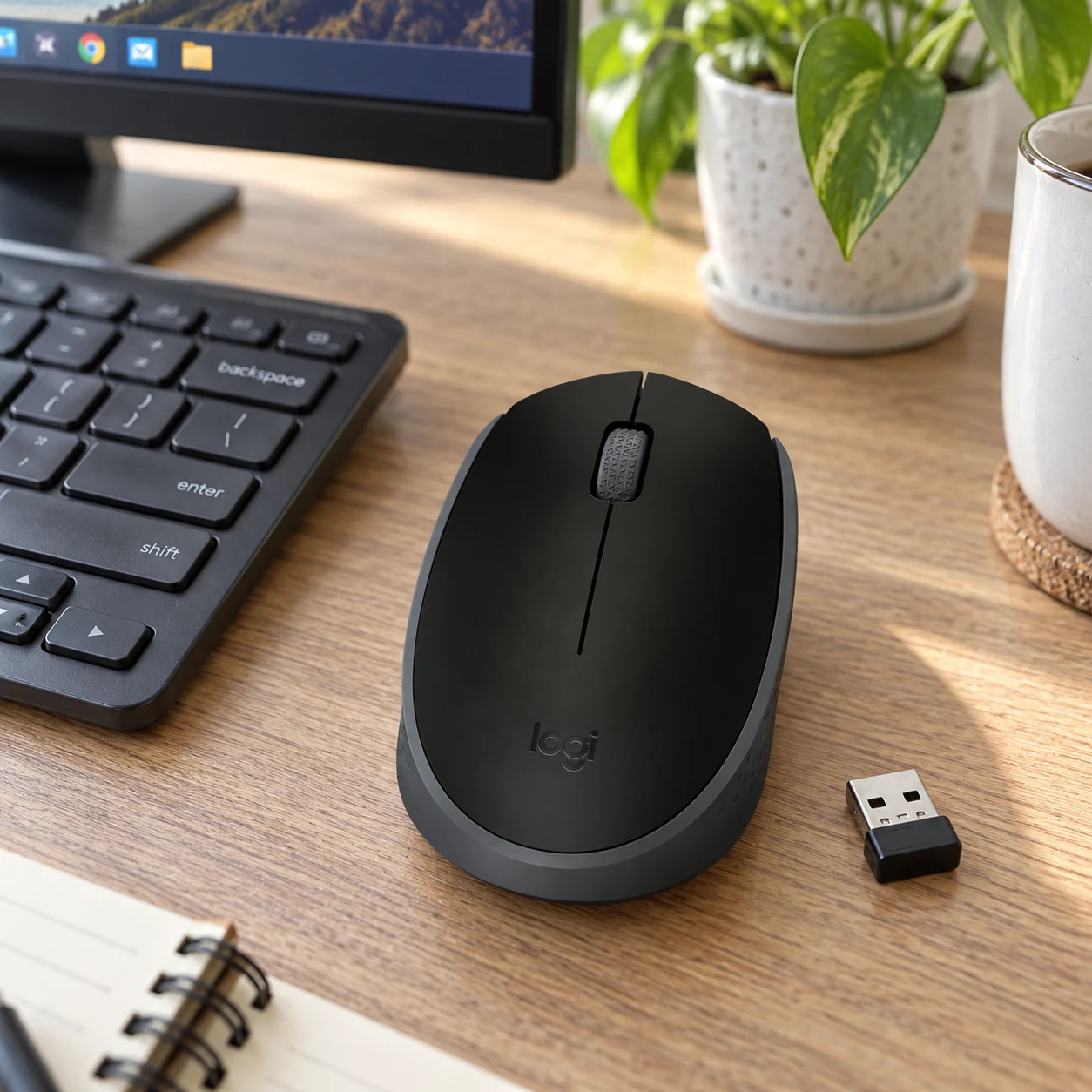 Mouse sem fio Logitech M170 preto e cinza, visto de cima