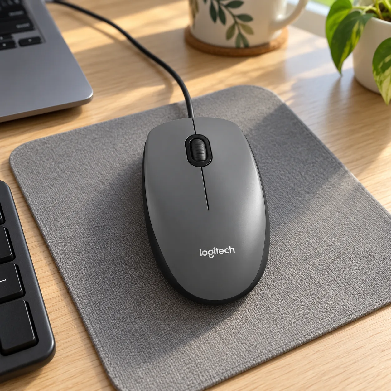 Mouse com fio Logitech M90, de topo cinza-escuro e laterais pretas, sobre um mousepad cinza numa mesa de madeira clara, ao lado de um teclado e de um notebook