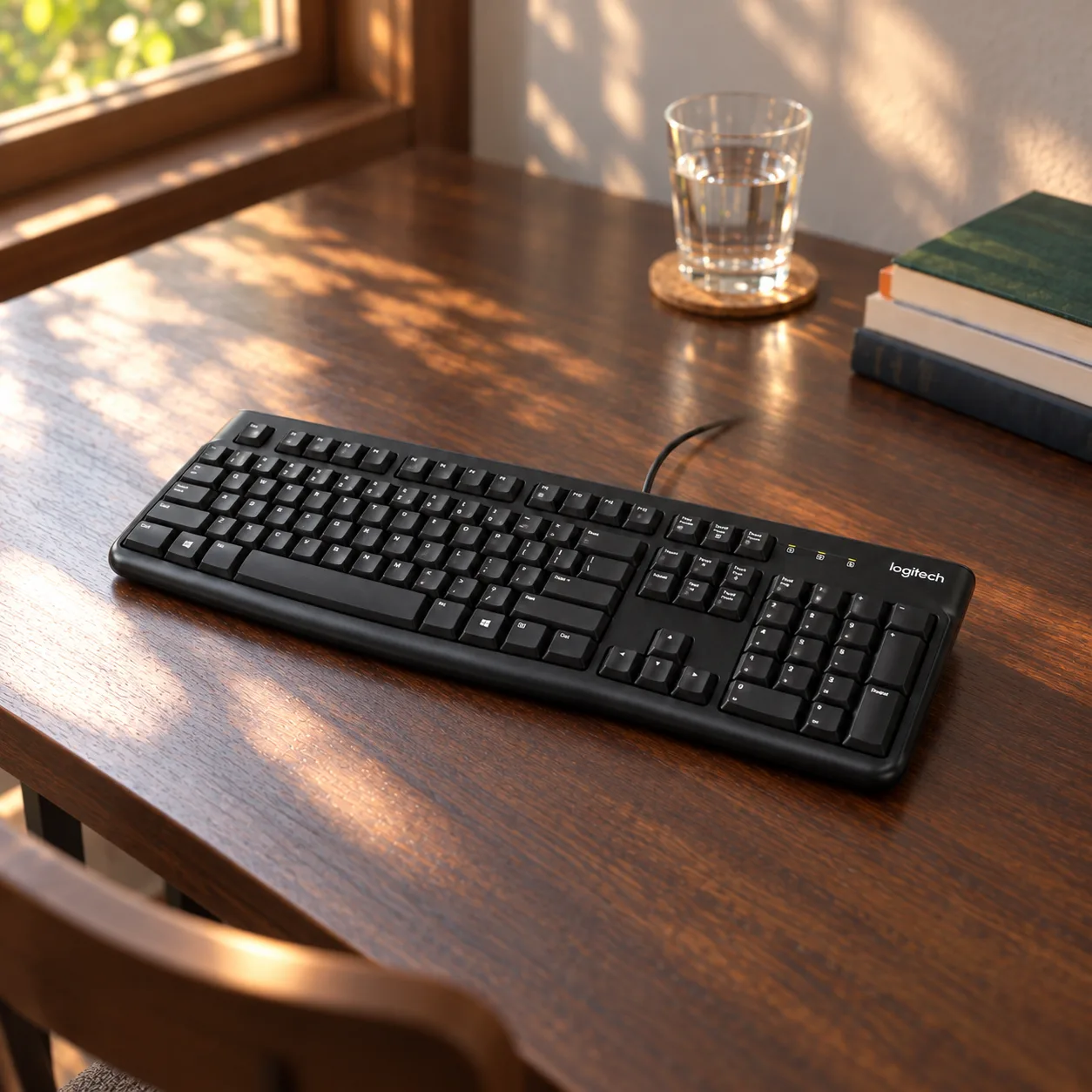 Teclado com fio Logitech K120 preto com bloco numérico sobre uma mesa de madeira escura perto da janela, com um copo de água e livros ao fundo