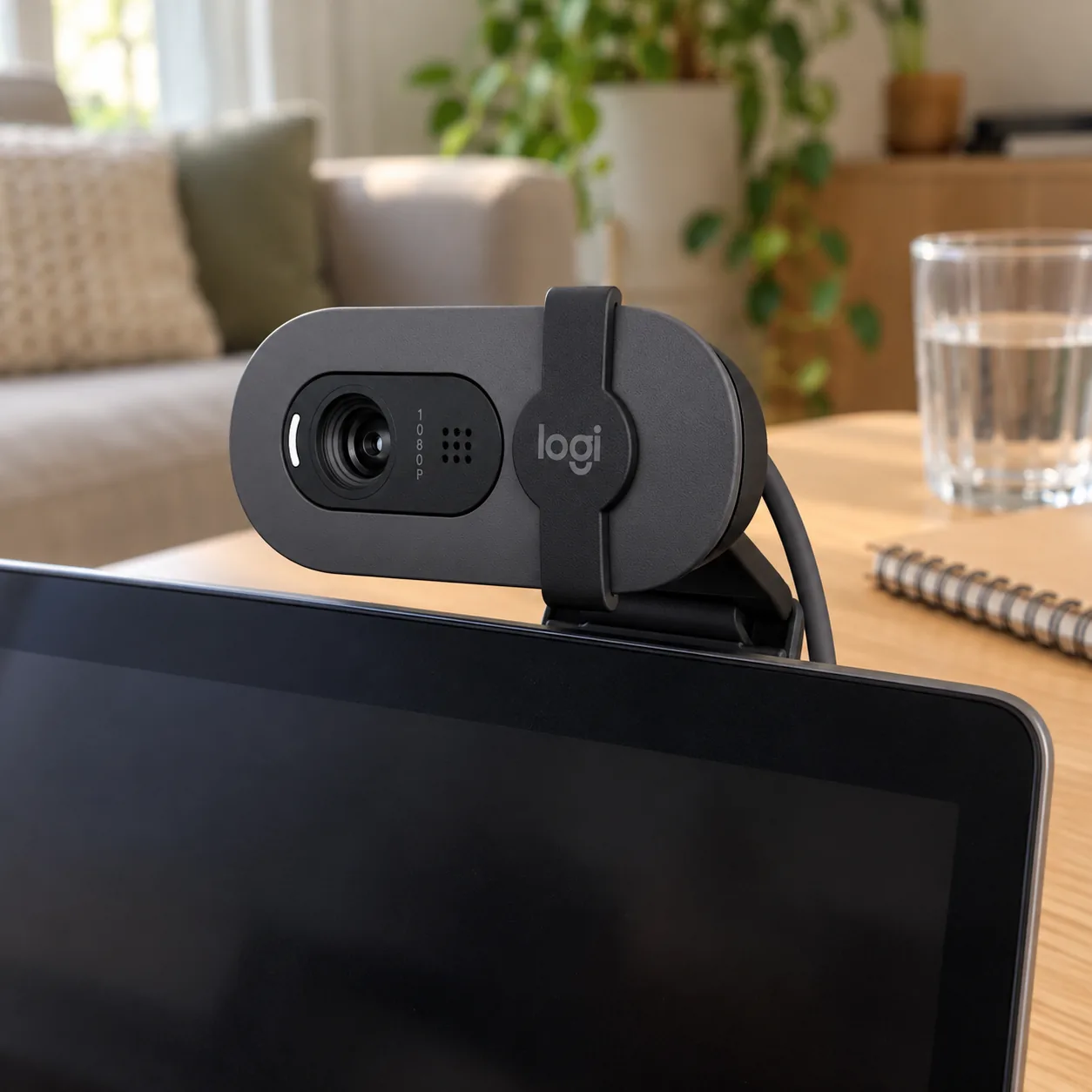 Webcam Logitech Brio 100 grafite com a tampa aberta, presa no alto de um notebook sobre uma mesa de madeira clara, com um caderno e um copo de água ao fundo