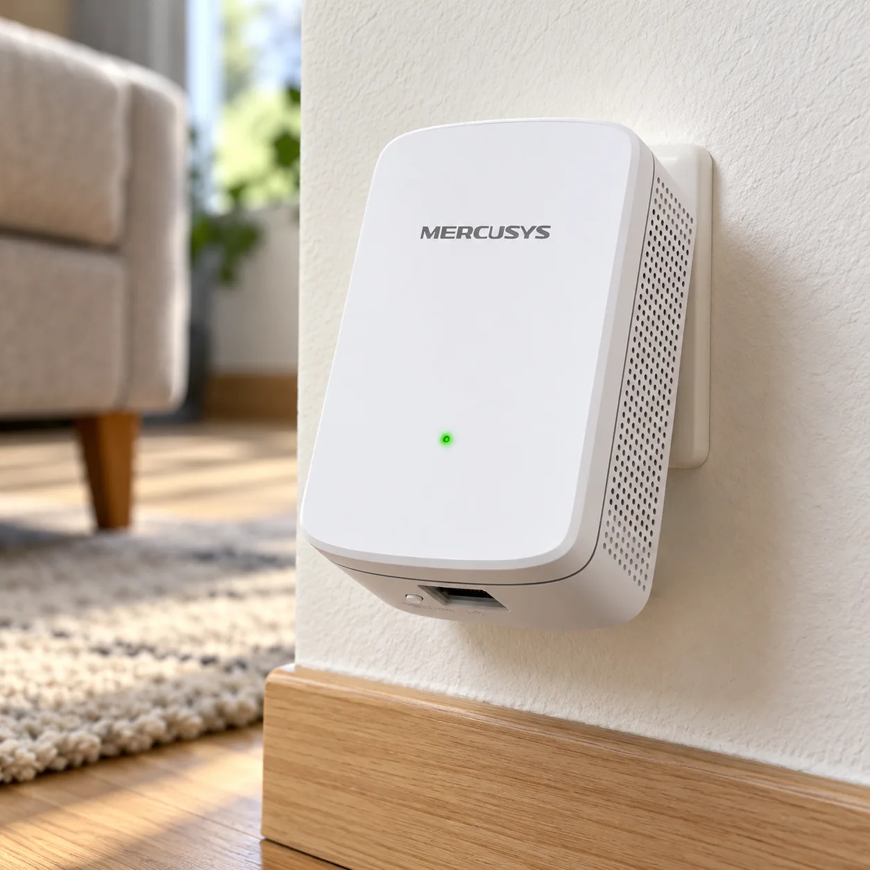 Repetidor Mercusys ME10 branco com a luz verde acesa, ligado numa tomada baixa de uma sala com sofá, tapete e piso de madeira