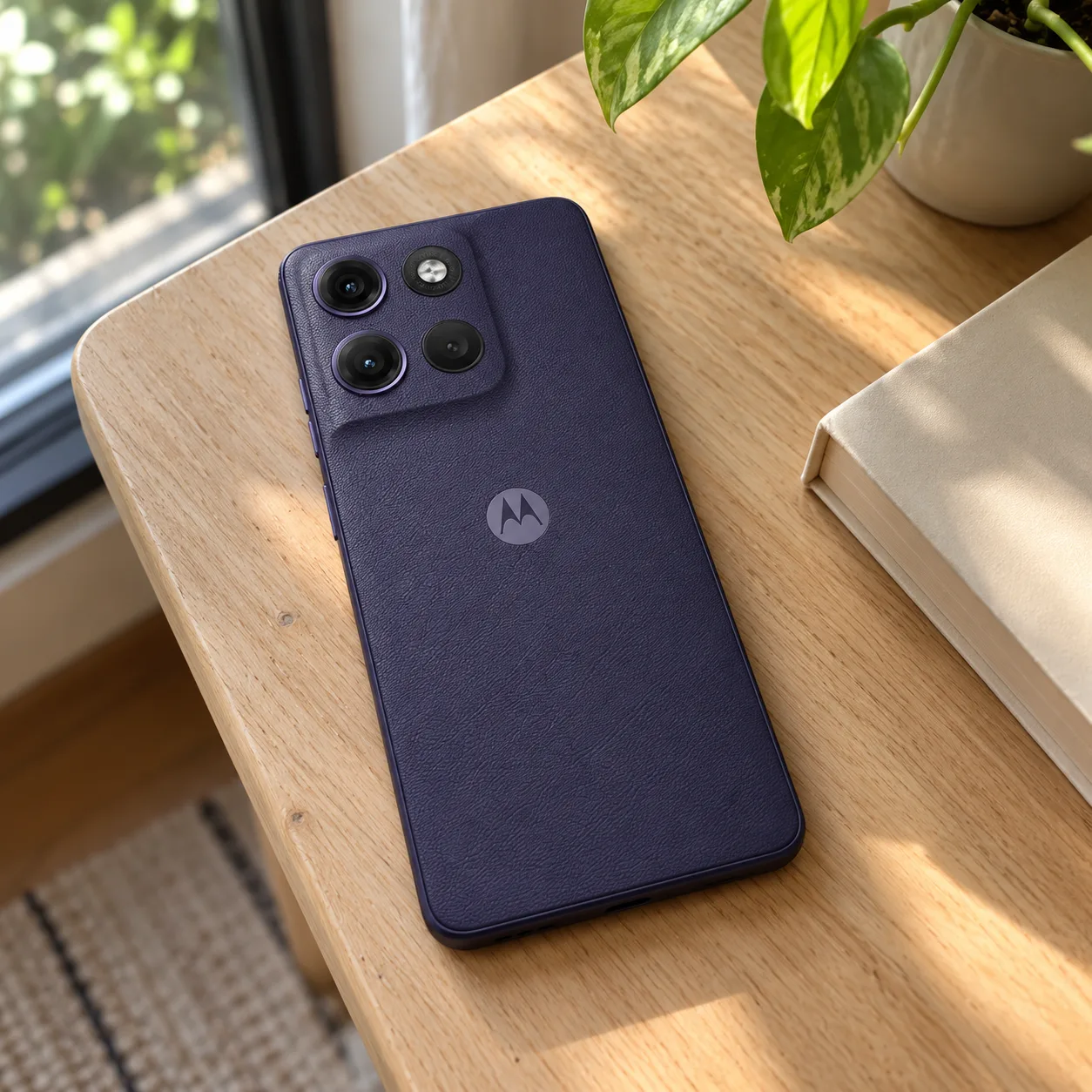 Celular Motorola Moto g17 roxo de costas sobre uma mesa de madeira clara, com a traseira texturizada, as câmeras em grade e uma planta ao fundo