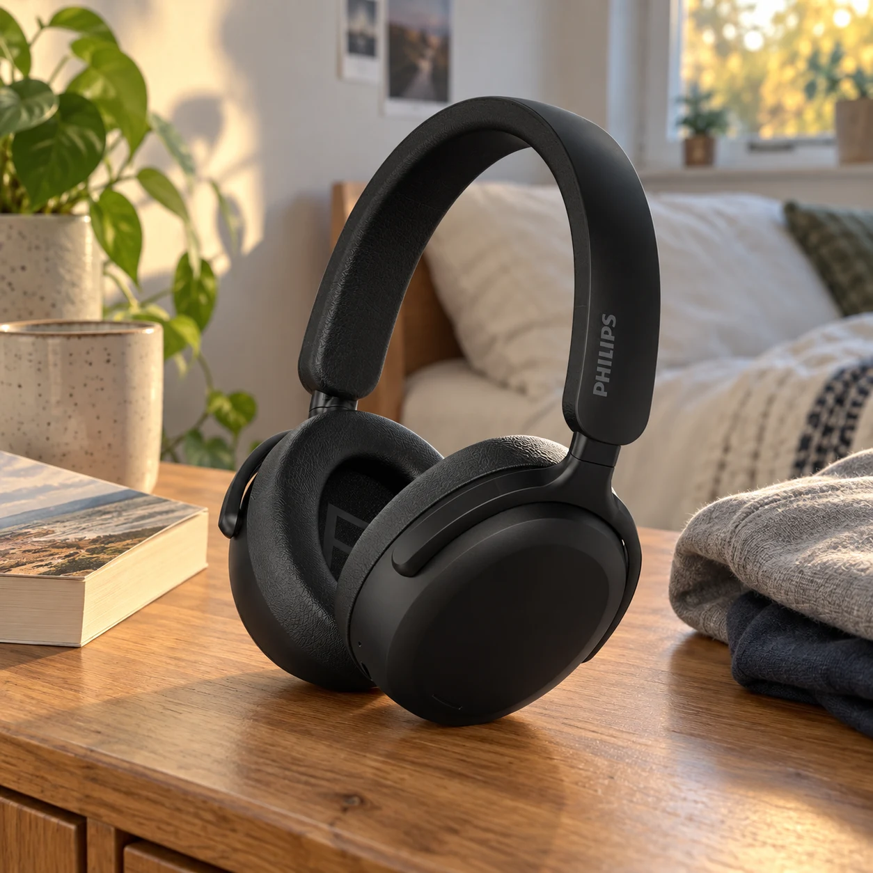 Fone de ouvido Philips TAH2300 preto, com o nome da marca na haste