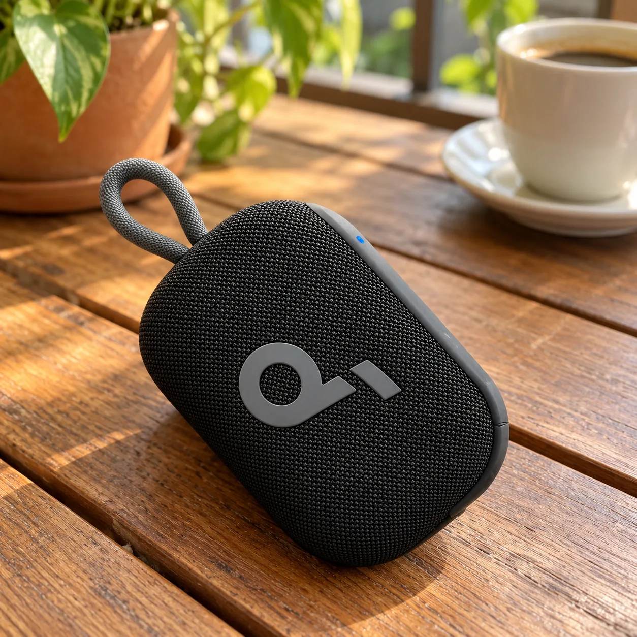 Caixa de som Soundcore Select 4 Go preta, com a alça cinza, deitada numa mesa de madeira ao sol, com um vaso de planta e uma xícara de café ao fundo