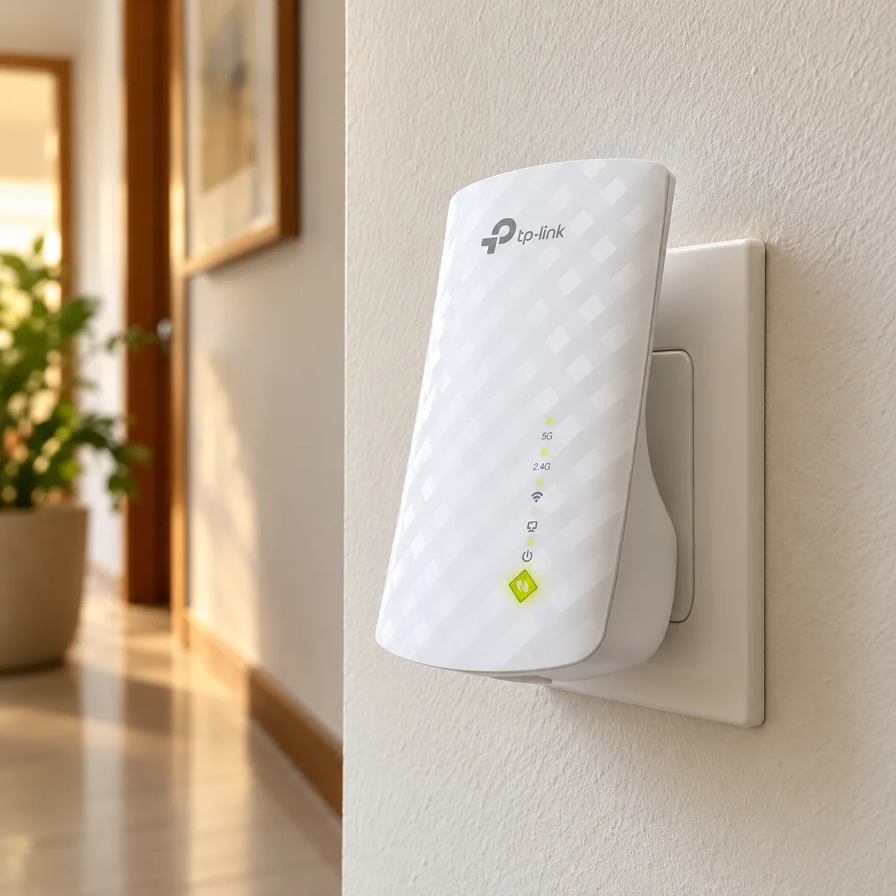 Repetidor TP-Link RE200 branco ligado numa tomada de parede de um corredor claro, com uma planta e um quadro ao fundo